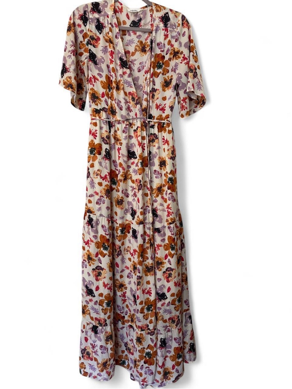 Floral Tie-Waist Maxi Dress in Cream with Pink & Rust Flowers